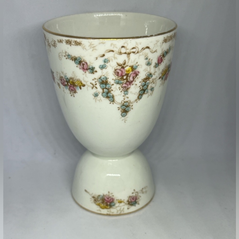 Vintage Porcelain Double Ended Egg Cup Floral Pattern Gold Trim Unmarked 4”